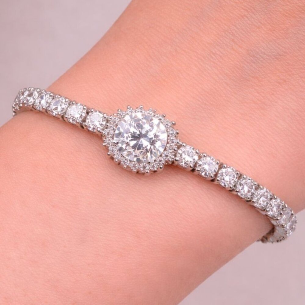 Vintage Swarovski Crystal Tennis Bracelet Halo Center Sterling Overlay‎ Slider